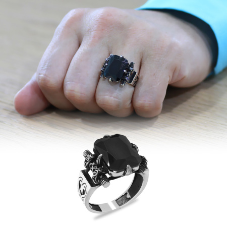 Baget Kesim Siyah Zirkon Taşlı 925 Ayar Gümüş Erkek Yüzük - Tesbihane