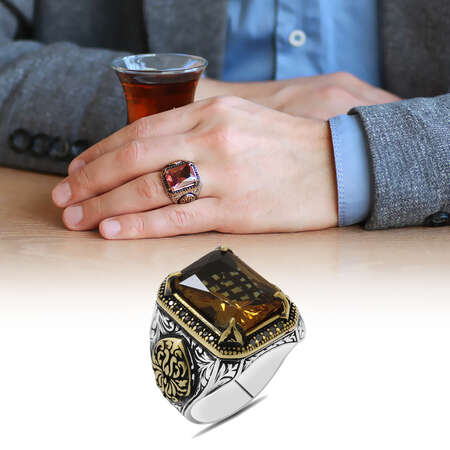 Baget Kesim Zultanit Taşlı Yanları Gotik Süslemeli 925 Ayar Gümüş Erkek Yüzük - Tesbihane