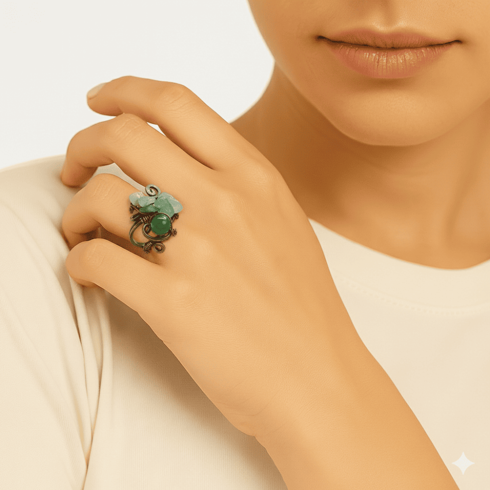 Bakır Bronz Alaşım Kadın Yüzük - Amorf Aventurin Doğaltaşlı - Otantik Tasarım - Ayarlanabilir Ölçü - 3