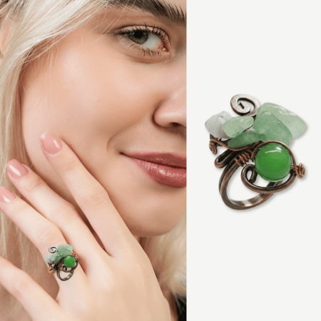 Bakır Bronz Alaşım Kadın Yüzük - Amorf Aventurin Doğaltaşlı - Otantik Tasarım - Ayarlanabilir Ölçü - Tesbihane