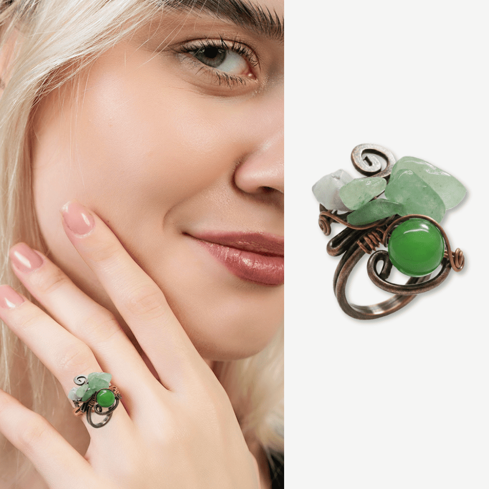 Bakır Bronz Alaşım Kadın Yüzük - Amorf Aventurin Doğaltaşlı - Otantik Tasarım - Ayarlanabilir Ölçü - 1