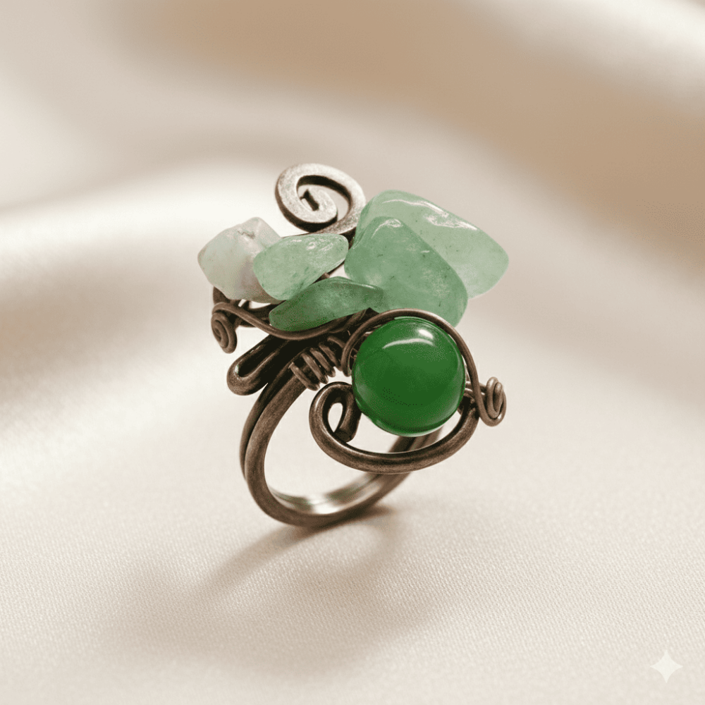 Bakır Bronz Alaşım Kadın Yüzük - Amorf Aventurin Doğaltaşlı - Otantik Tasarım - Ayarlanabilir Ölçü - 4