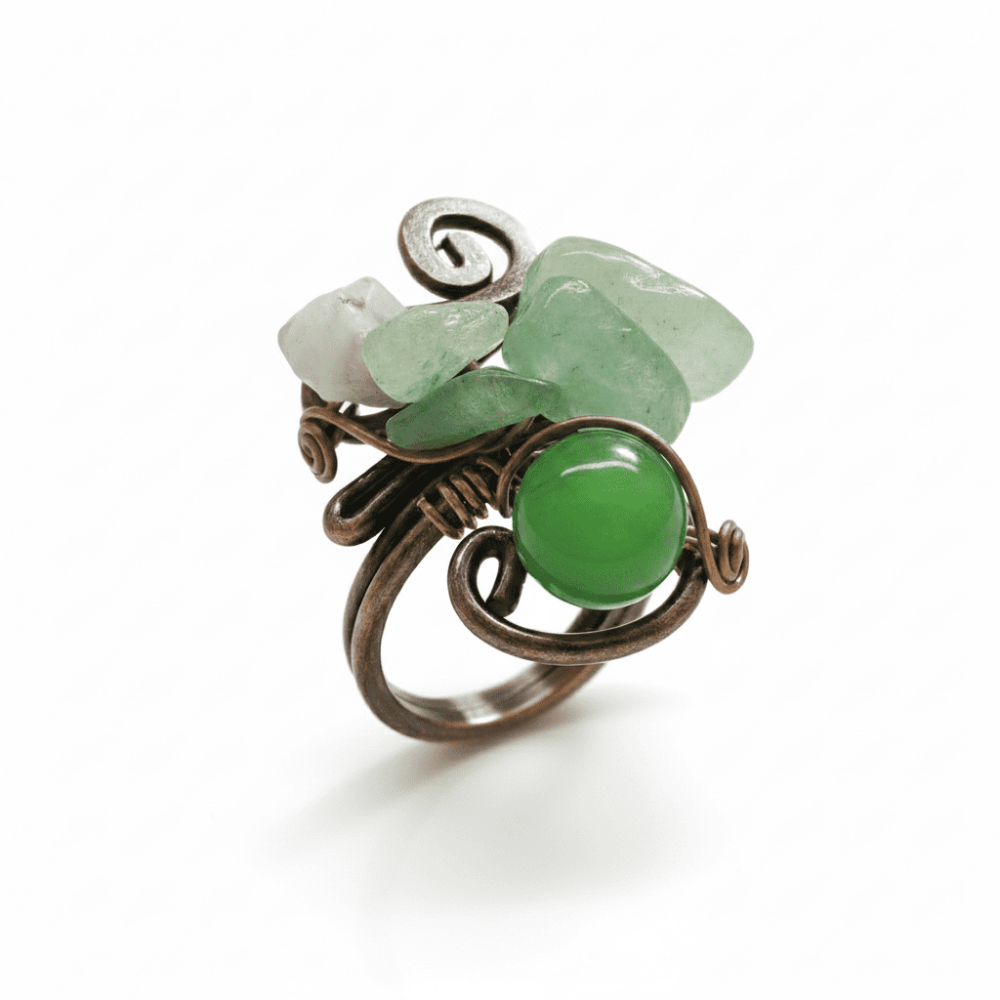 Bakır Bronz Alaşım Kadın Yüzük - Amorf Aventurin Doğaltaşlı - Otantik Tasarım - Ayarlanabilir Ölçü - 5