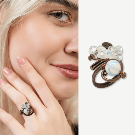 Bakır Bronz Alaşım Kadın Yüzük - Amorf Beyaz Kuvars Doğaltaşlı - Retro Tasarım - Ayarlanabilir Ölçü - Tesbihane