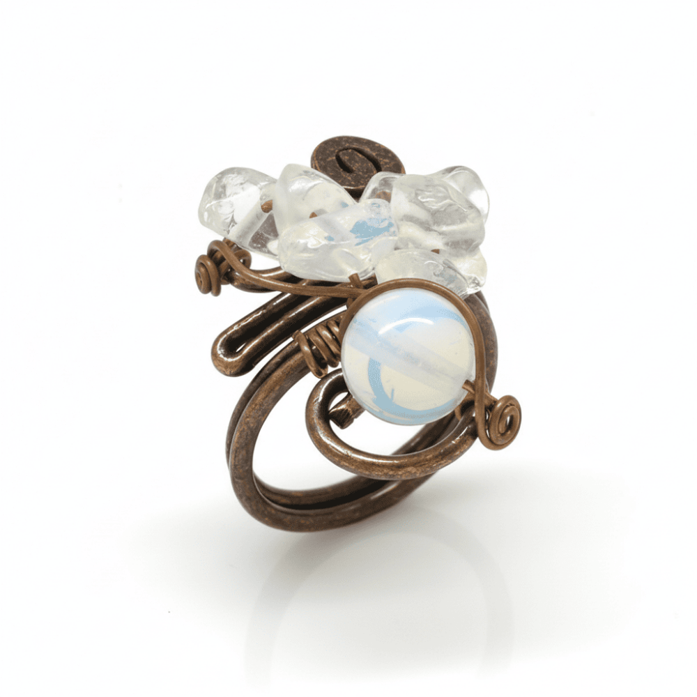 Bakır Bronz Alaşım Kadın Yüzük - Amorf Beyaz Kuvars Doğaltaşlı - Retro Tasarım - Ayarlanabilir Ölçü - 5