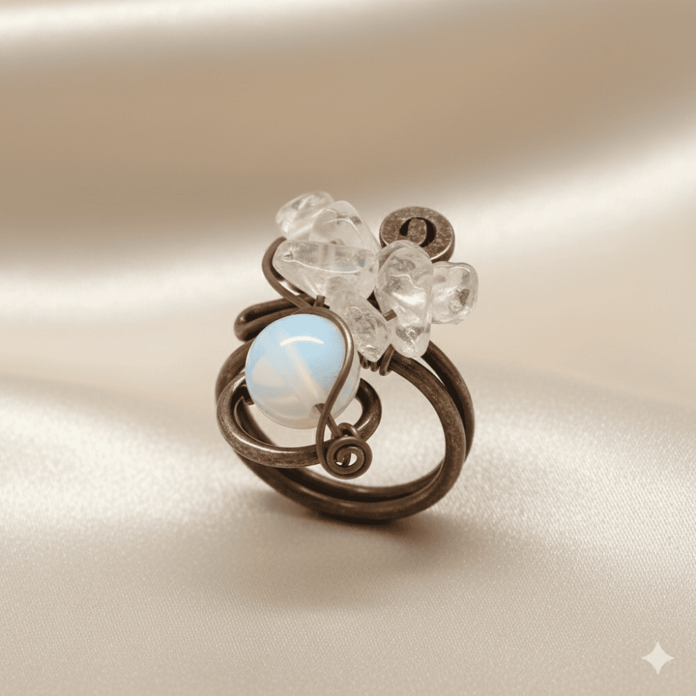 Bakır Bronz Alaşım Kadın Yüzük - Amorf Beyaz Kuvars Doğaltaşlı - Retro Tasarım - Ayarlanabilir Ölçü - 4