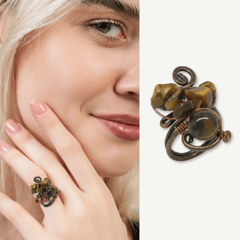 Bakır Bronz Alaşım Kadın Yüzük - Amorf Kaplan Gözü Doğaltaşlı - Otantik Tasarım - Ayarlanabilir Ölçü - 1