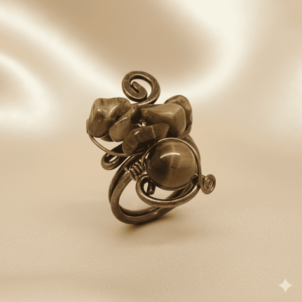Bakır Bronz Alaşım Kadın Yüzük - Amorf Kaplan Gözü Doğaltaşlı - Otantik Tasarım - Ayarlanabilir Ölçü - 4