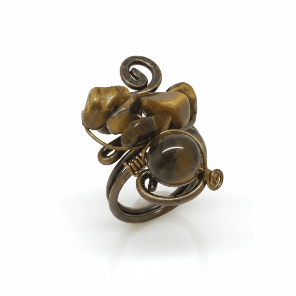 Bakır Bronz Alaşım Kadın Yüzük - Amorf Kaplan Gözü Doğaltaşlı - Otantik Tasarım - Ayarlanabilir Ölçü - 5