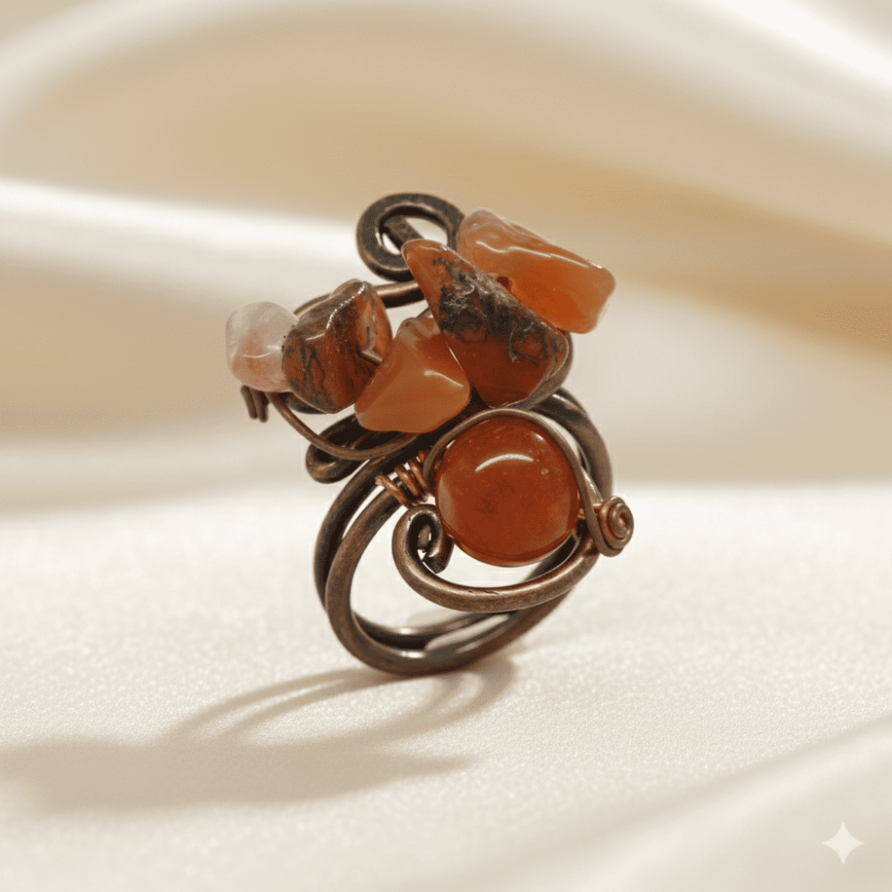 Bakır Bronz Alaşım Kadın Yüzük - Amorf Kırmızı Akik Doğaltaşlı - Retro Tasarım - Ayarlanabilir Ölçü - 4