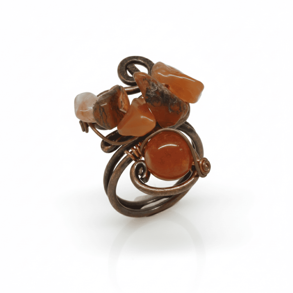 Bakır Bronz Alaşım Kadın Yüzük - Amorf Kırmızı Akik Doğaltaşlı - Retro Tasarım - Ayarlanabilir Ölçü - 5