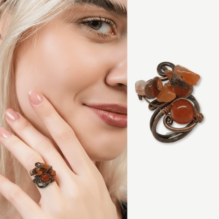 Bakır Bronz Alaşım Kadın Yüzük - Amorf Kırmızı Akik Doğaltaşlı - Retro Tasarım - Ayarlanabilir Ölçü - Tesbihane
