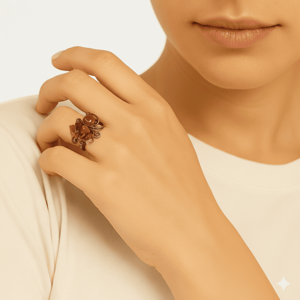 Bakır Bronz Alaşım Kadın Yüzük - Amorf Kırmızı Akik Doğaltaşlı - Retro Tasarım - Ayarlanabilir Ölçü - 3