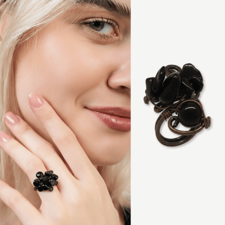 Bakır Bronz Alaşım Kadın Yüzük - Amorf Oniks Doğaltaşlı - Otantik Tasarım - Ayarlanabilir Ölçü - Tesbihane