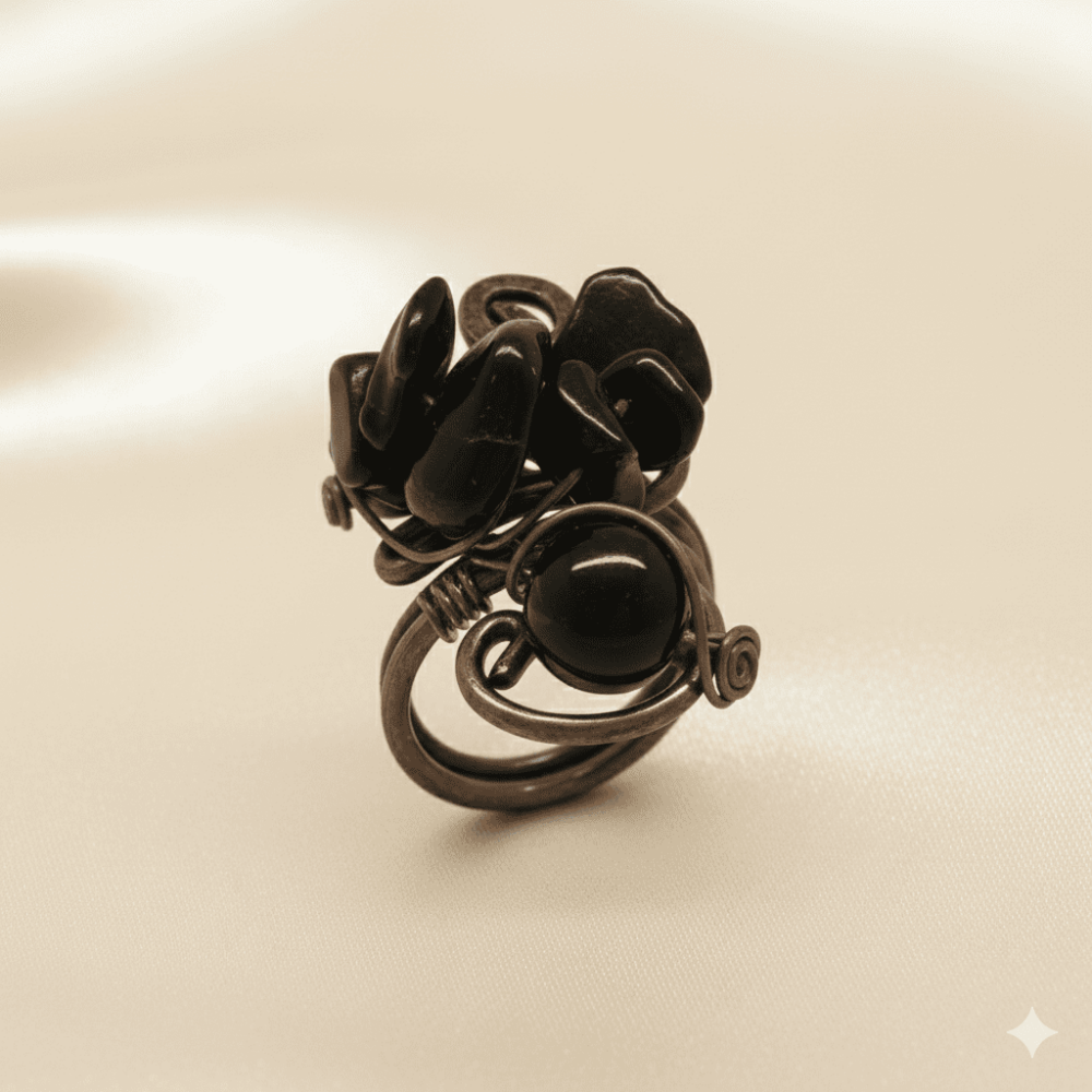 Bakır Bronz Alaşım Kadın Yüzük - Amorf Oniks Doğaltaşlı - Otantik Tasarım - Ayarlanabilir Ölçü - 4