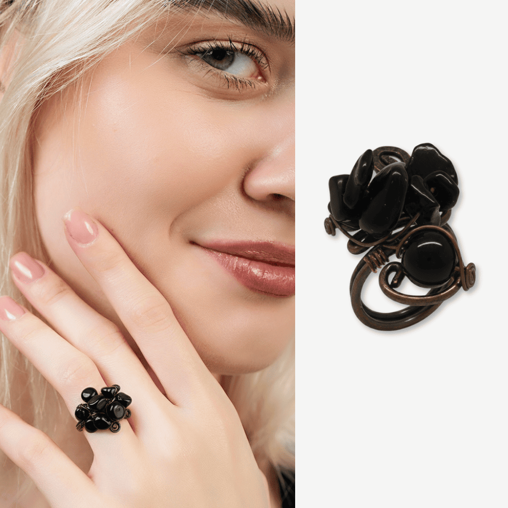 Bakır Bronz Alaşım Kadın Yüzük - Amorf Oniks Doğaltaşlı - Otantik Tasarım - Ayarlanabilir Ölçü - 1