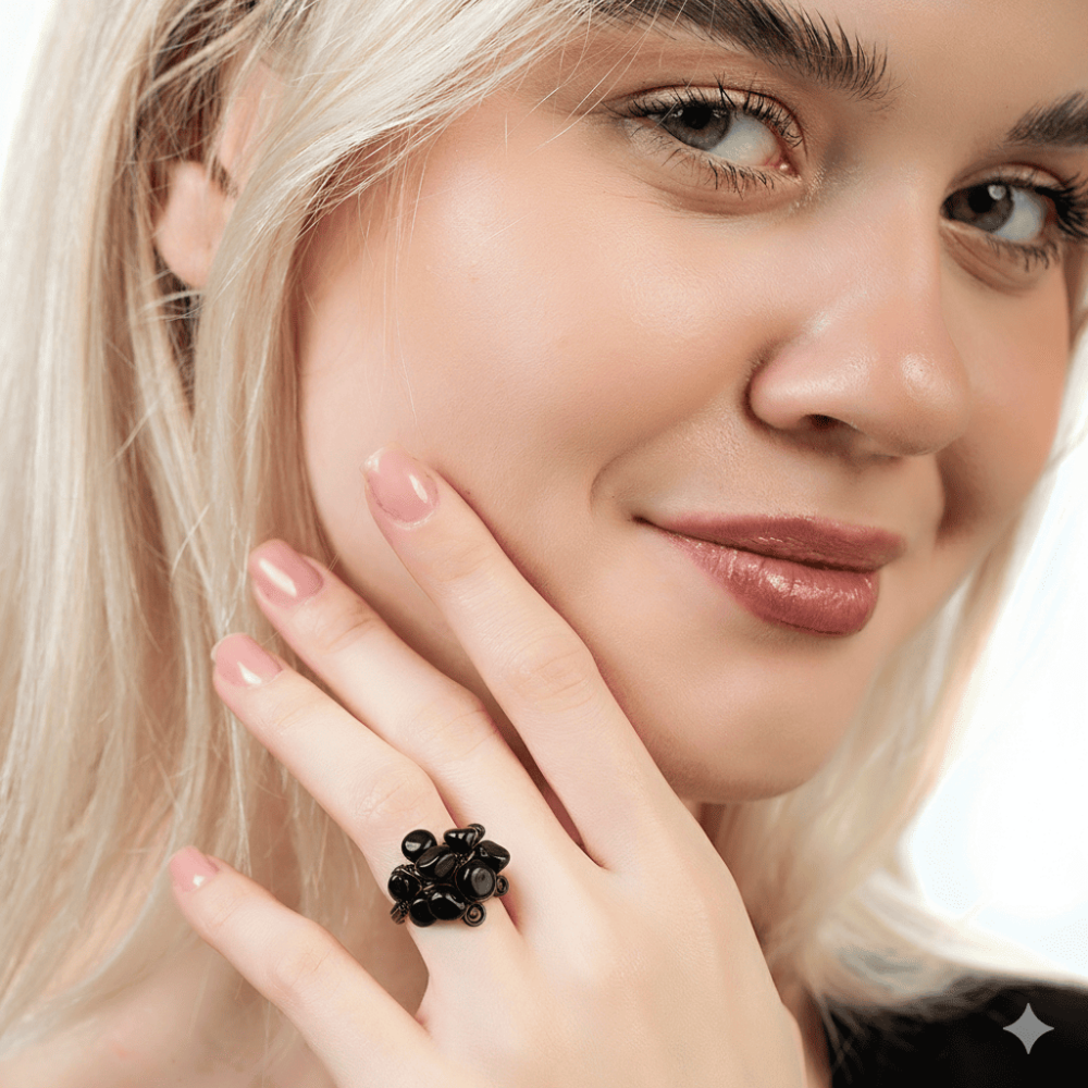 Bakır Bronz Alaşım Kadın Yüzük - Amorf Oniks Doğaltaşlı - Otantik Tasarım - Ayarlanabilir Ölçü - 2