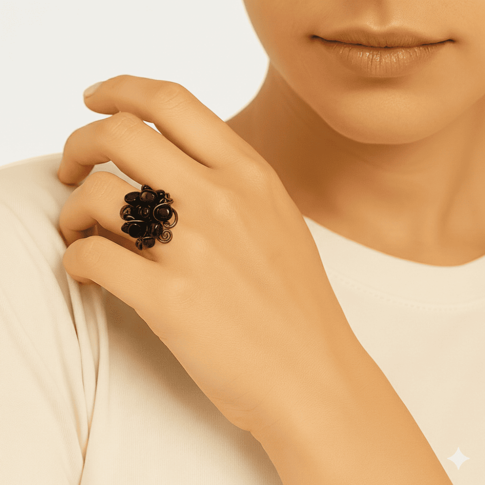 Bakır Bronz Alaşım Kadın Yüzük - Amorf Oniks Doğaltaşlı - Otantik Tasarım - Ayarlanabilir Ölçü - 3