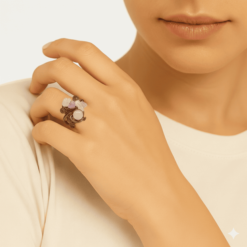 Bakır Bronz Alaşım Kadın Yüzük - Amorf Pembe Kuvars Doğaltaşlı - Retro Tasarım - Ayarlanabilir Ölçü - 3