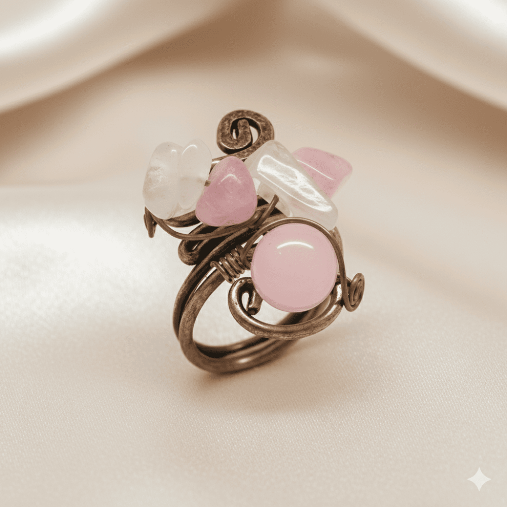 Bakır Bronz Alaşım Kadın Yüzük - Amorf Pembe Kuvars Doğaltaşlı - Retro Tasarım - Ayarlanabilir Ölçü - 4