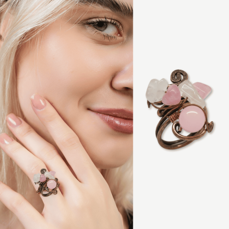 Bakır Bronz Alaşım Kadın Yüzük - Amorf Pembe Kuvars Doğaltaşlı - Retro Tasarım - Ayarlanabilir Ölçü - Tesbihane