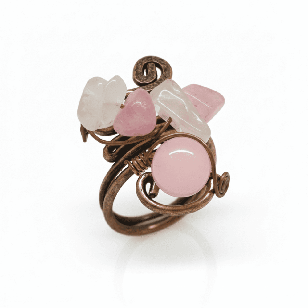 Bakır Bronz Alaşım Kadın Yüzük - Amorf Pembe Kuvars Doğaltaşlı - Retro Tasarım - Ayarlanabilir Ölçü - 5