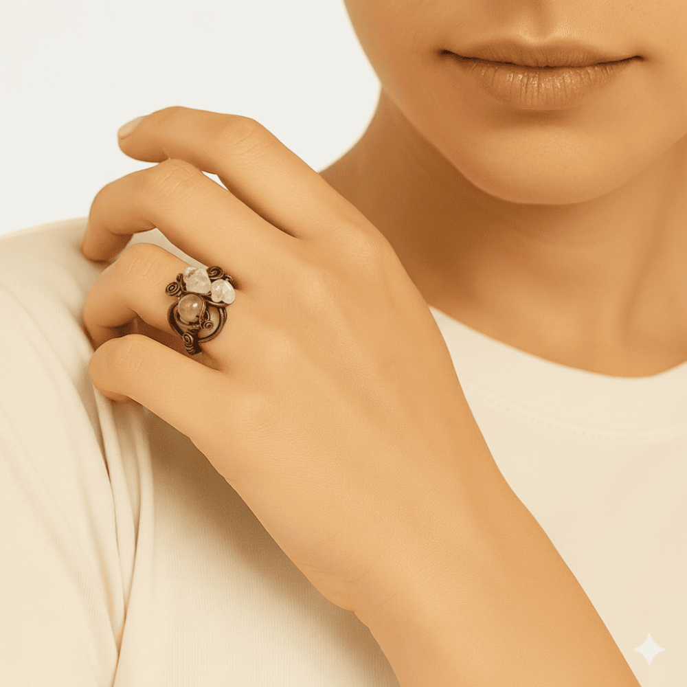 Bakır Bronz Alaşım Kadın Yüzük - Amorf Sitrin Doğaltaşlı - Otantik Tasarım - Ayarlanabilir Ölçü - 3