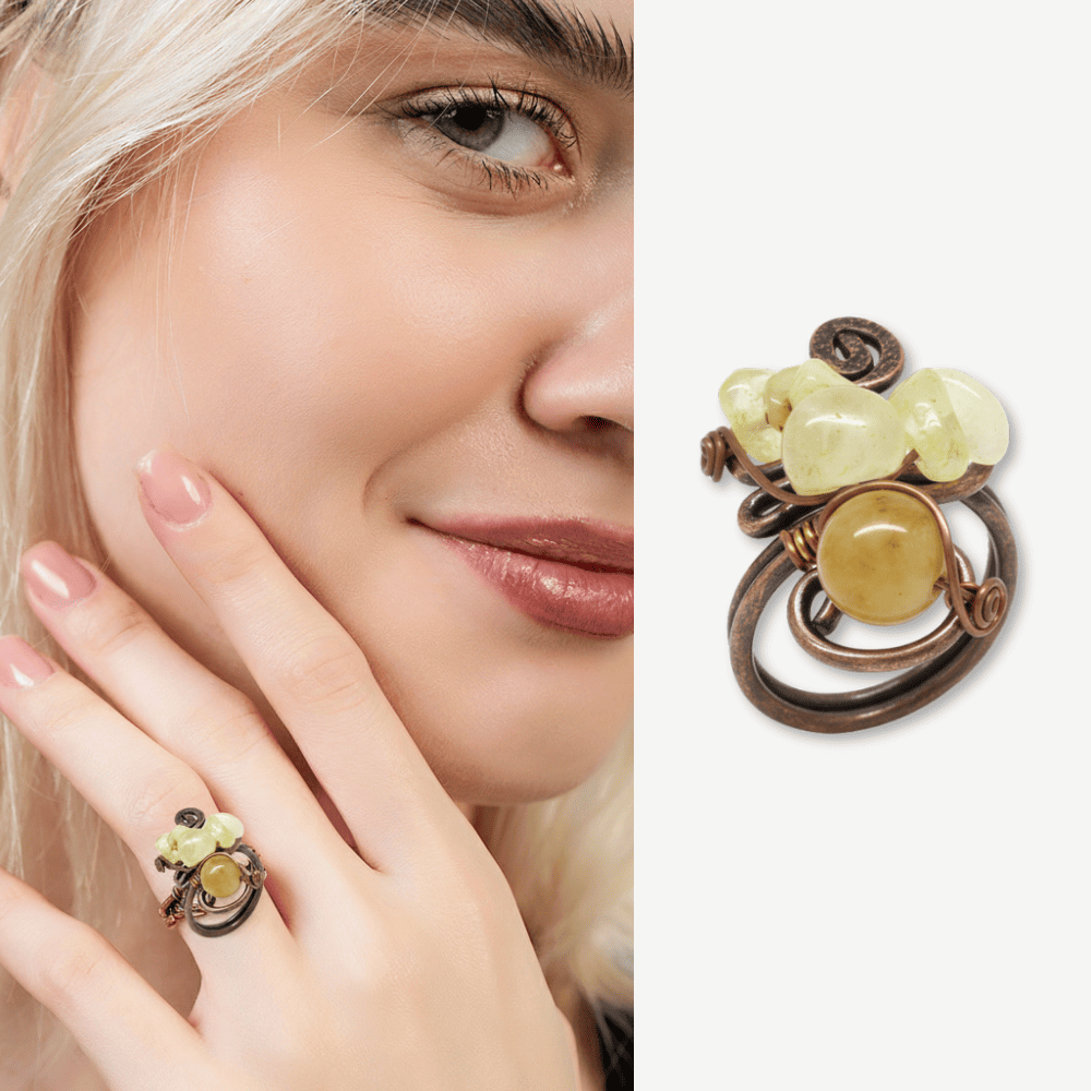 Bakır Bronz Alaşım Kadın Yüzük - Amorf Sitrin Doğaltaşlı - Otantik Tasarım - Ayarlanabilir Ölçü - 1