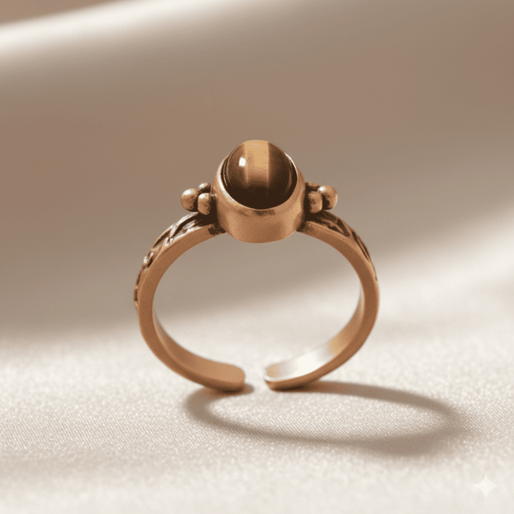 Bakır Bronz Alaşım Kadın Yüzük - Kaplan Gözü Doğaltaşlı - Otantik Tasarım - Ayarlanabilir Ölçü - 4