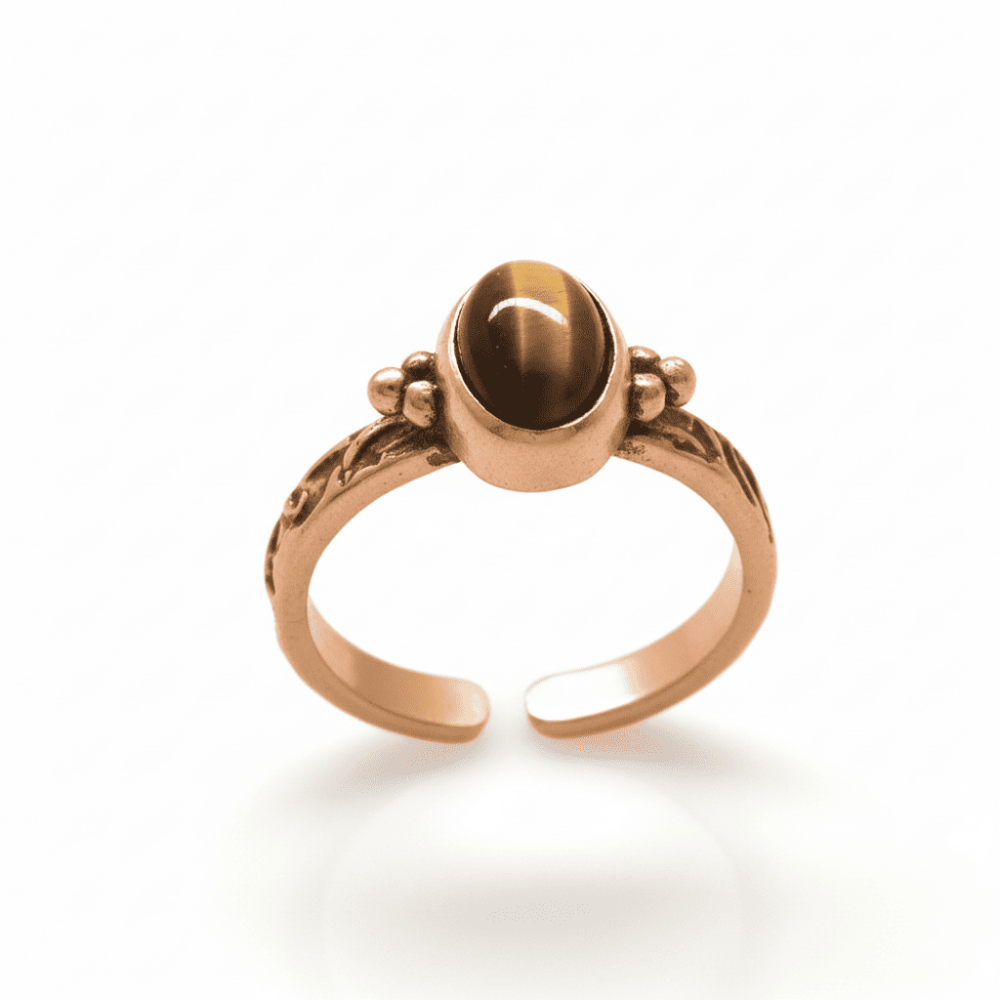 Bakır Bronz Alaşım Kadın Yüzük - Kaplan Gözü Doğaltaşlı - Otantik Tasarım - Ayarlanabilir Ölçü - 5
