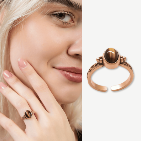 Bakır Bronz Alaşım Kadın Yüzük - Kaplan Gözü Doğaltaşlı - Otantik Tasarım - Ayarlanabilir Ölçü - Tesbihane