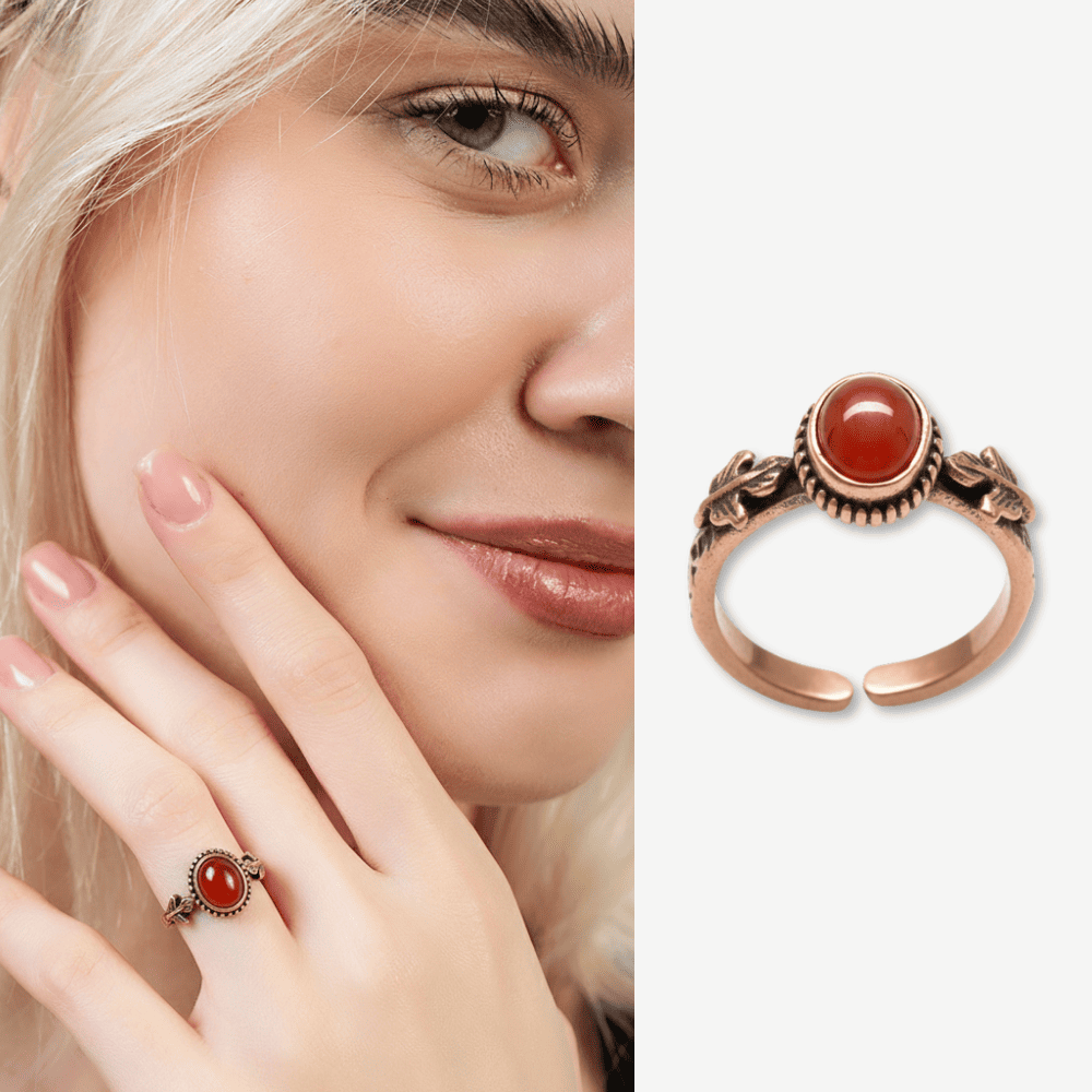 Bakır Bronz Alaşım Kadın Yüzük - Kırmızı Jasper Doğaltaşlı - Otantik Tasarım - Ayarlanabilir Ölçü - 1