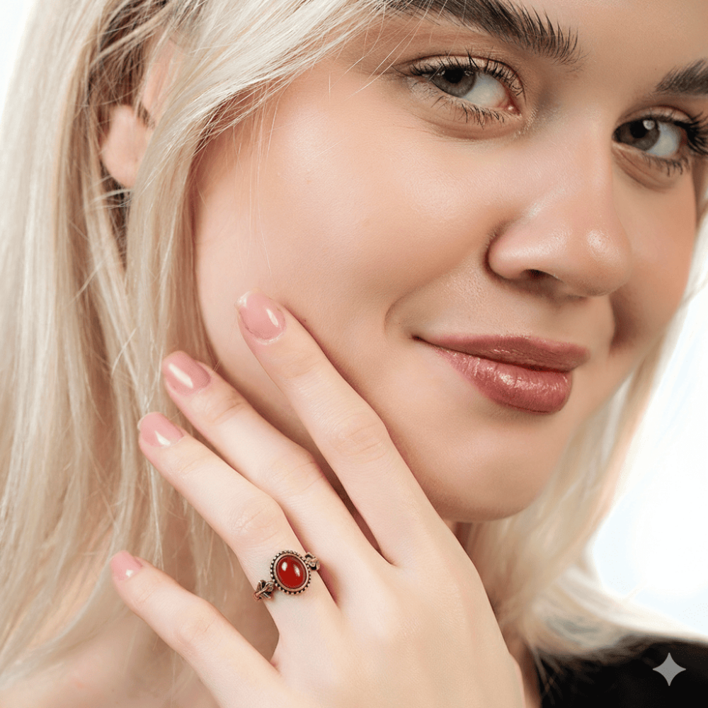 Bakır Bronz Alaşım Kadın Yüzük - Kırmızı Jasper Doğaltaşlı - Otantik Tasarım - Ayarlanabilir Ölçü - 2