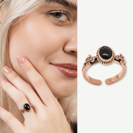 Bakır Bronz Alaşım Kadın Yüzük - Siyah Oniks Doğaltaşlı - Otantik Tasarım - Ayarlanabilir Ölçü - Tesbihane