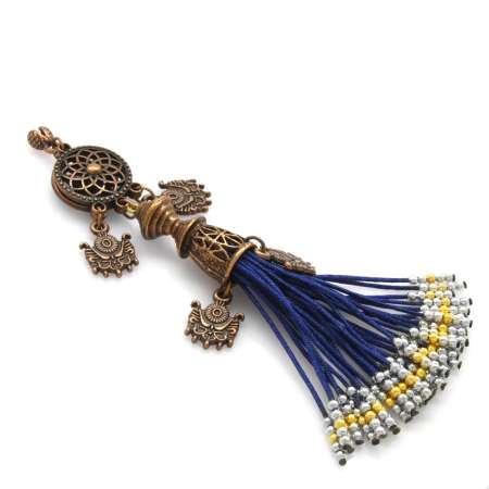 Bakır Kaplama Arma Detaylı Lacivert Renkli Osmanlı Saray Püskülü - Tesbihane