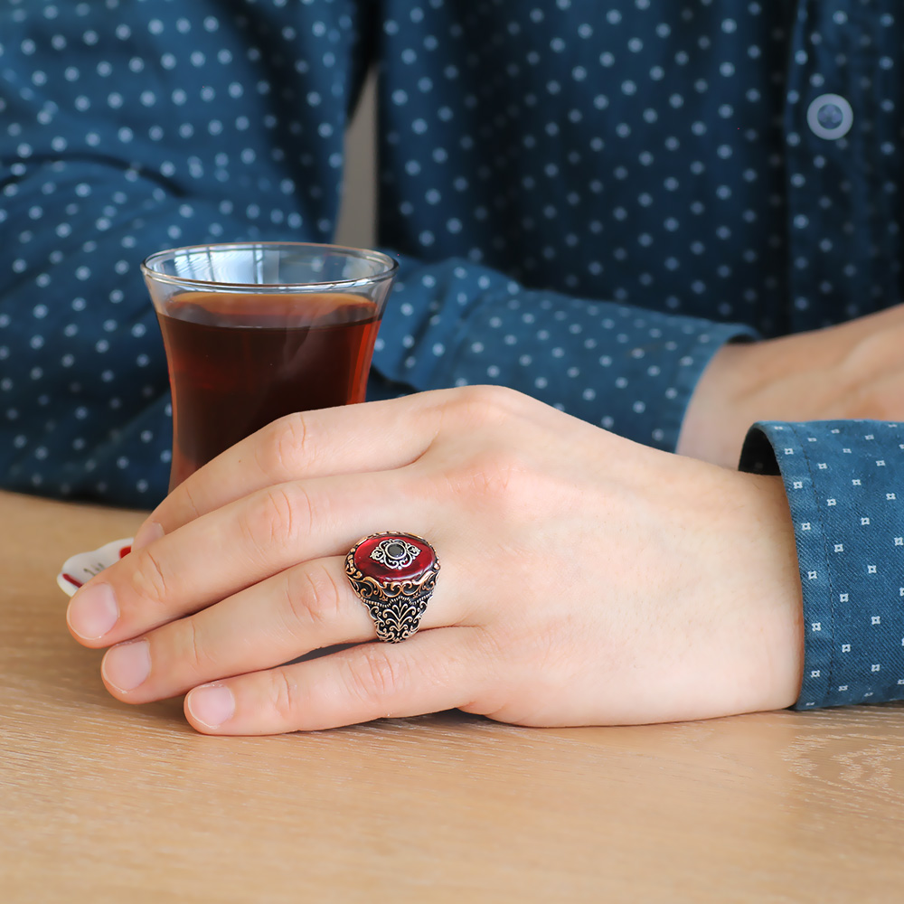Baklava Desen Motifli Kırmızı Sıkma Kehribar Taşlı 925 Ayar Gümüş Yüzük - 2