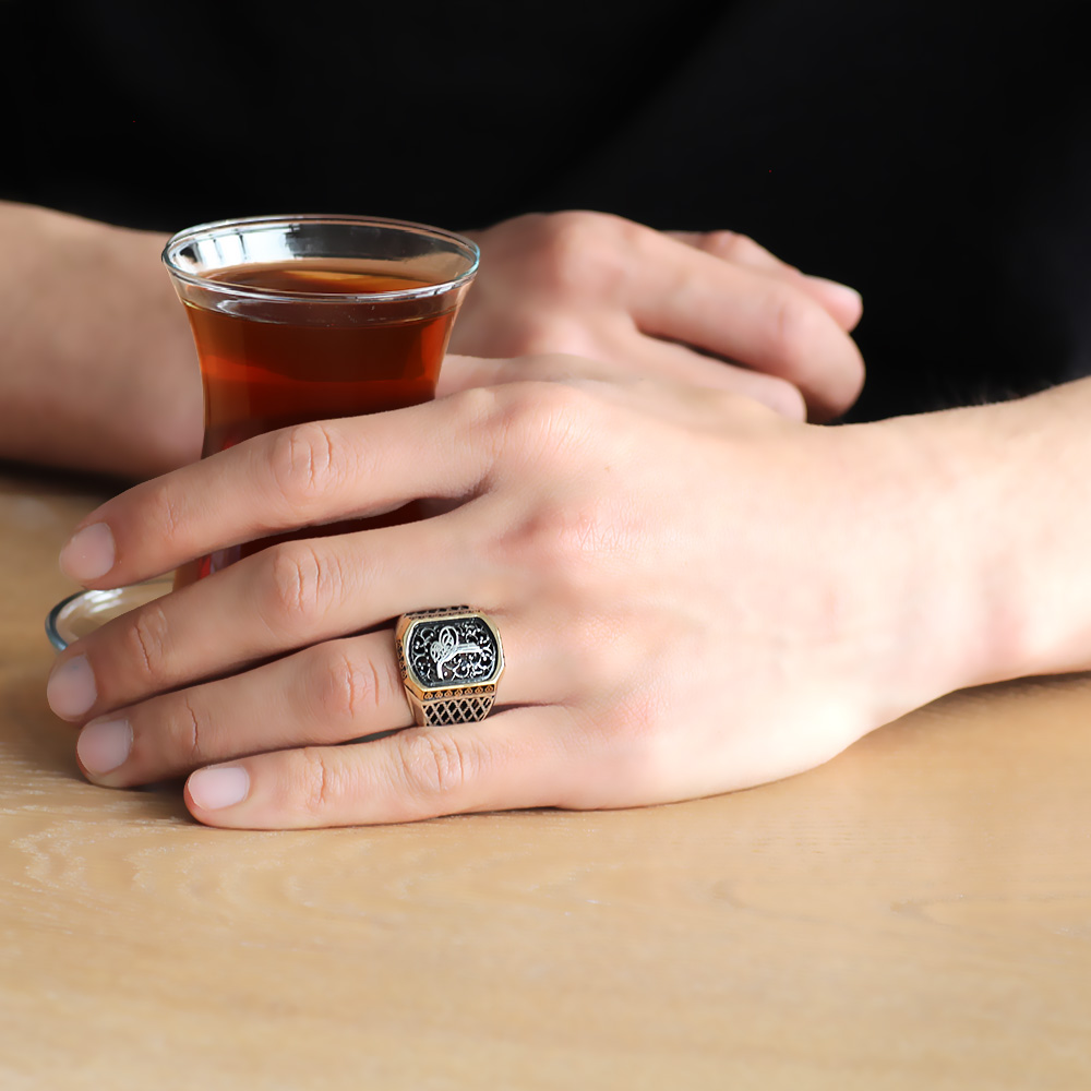 Baklava tasarım Tuğra Motifli 925 Ayar Gümüş Erkek Yüzük - 2