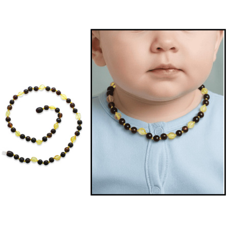 Kırmızı Sarı Doğal Damla Kehribar Taşlı Bebek Diş Kolyesi - Tesbihane