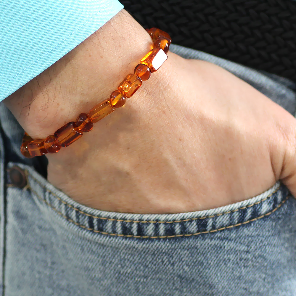 Bal Rengi Silindir Kesim Doğal Damla Kehribar Erkek Bileklik - 7