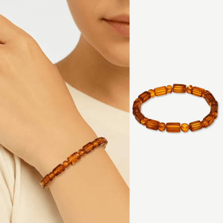 Bal Rengi Silindir Kesim Doğal Damla Kehribar Kadın Bileklik - Tesbihane