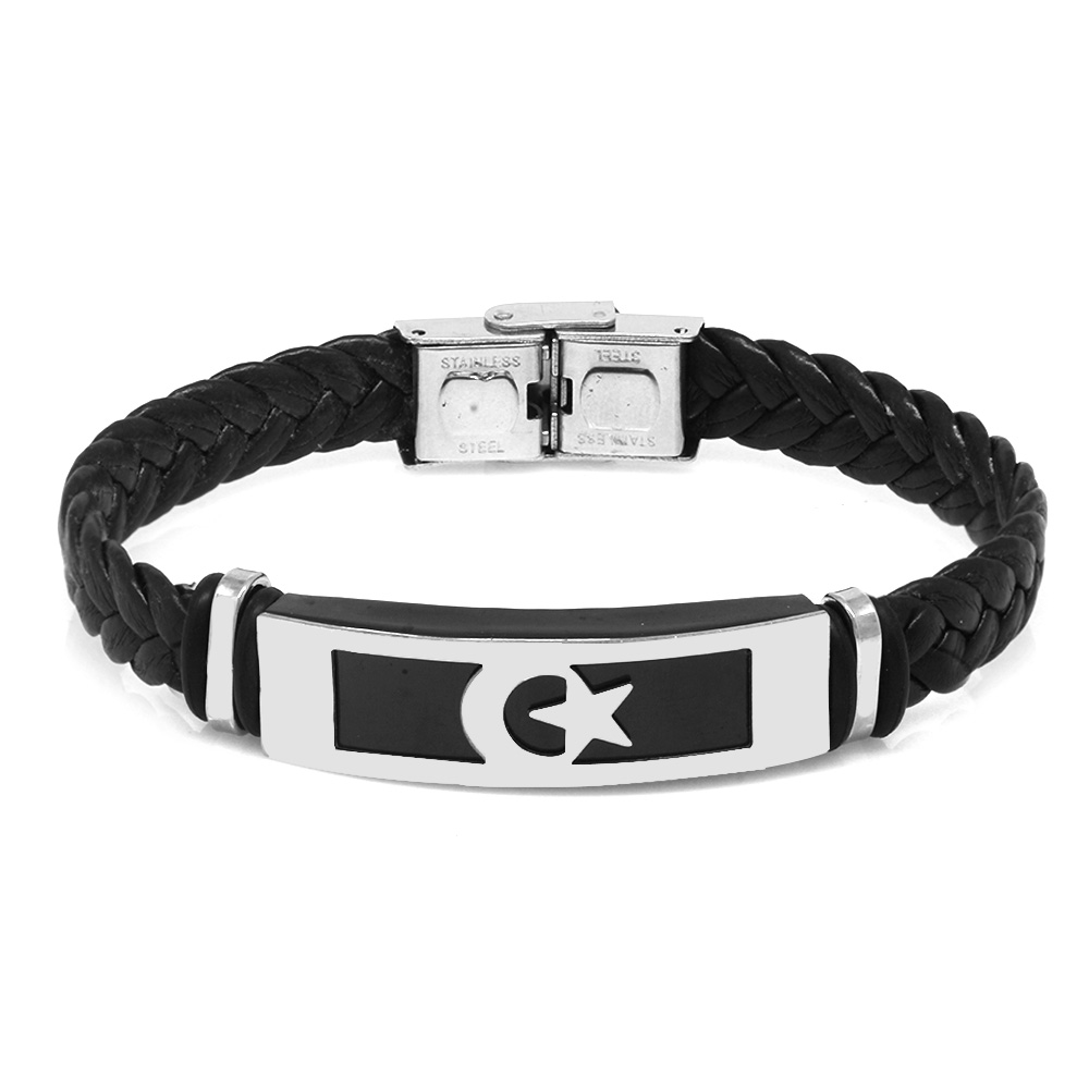 Balık Sırtı Tasarım Ayyıldız Temalı Çelik Deri Kombinli Erkek Bileklik - 2