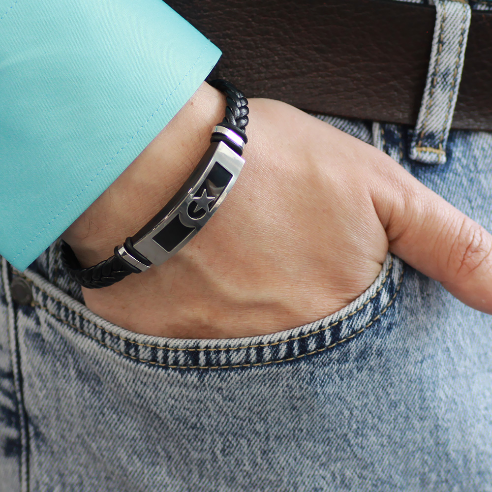 Balık Sırtı Tasarım Ayyıldız Temalı Çelik Deri Kombinli Erkek Bileklik - 3