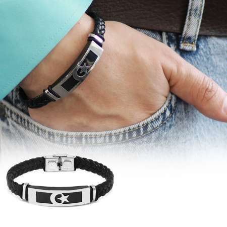 Balık Sırtı Tasarım Ayyıldız Temalı Çelik Deri Kombinli Erkek Bileklik - Tesbihane