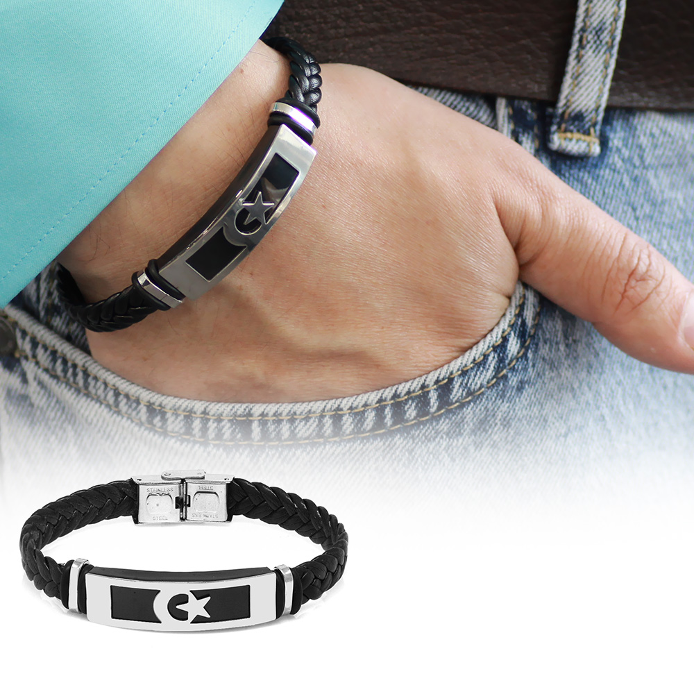 Balık Sırtı Tasarım Ayyıldız Temalı Çelik Deri Kombinli Erkek Bileklik - 1