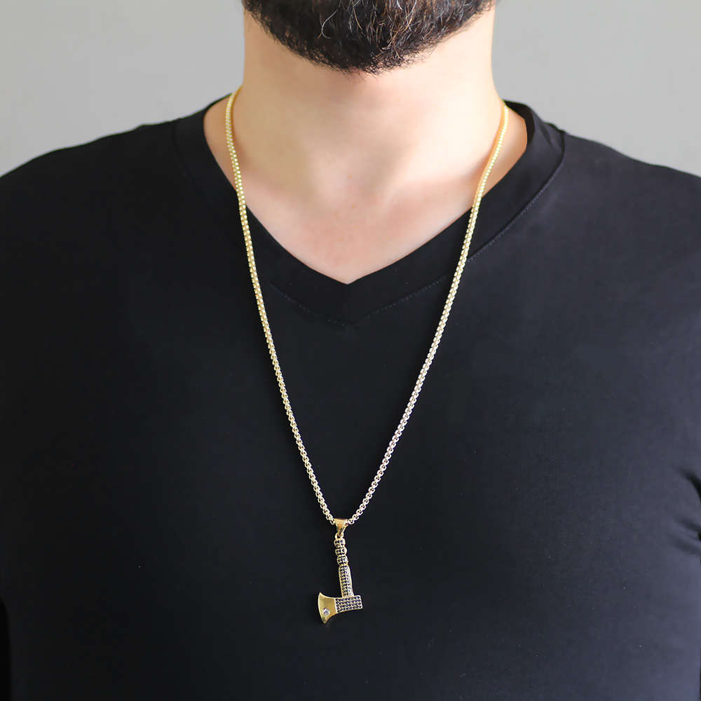 Balta Tasarım Siyah Zirkon Taşlı Gold Renk Zincir Pirinç Kolye - 2