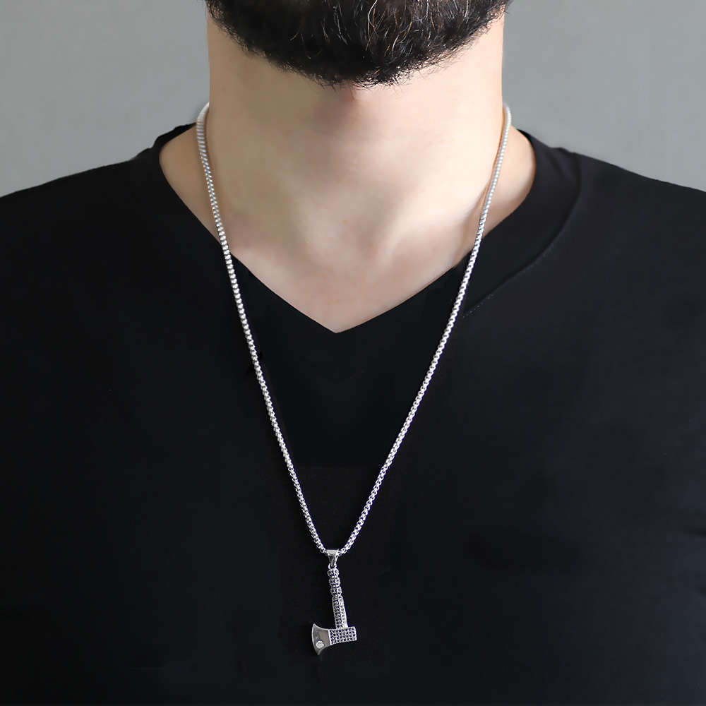Balta Tasarım Siyah Zirkon Taşlı Gümüş Renk Zincir Pirinç Kolye - 2