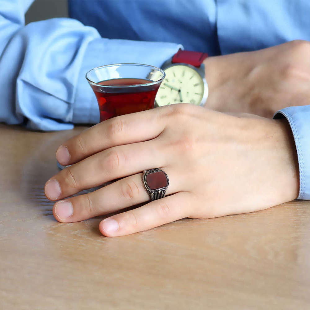Basamak Motifli Akik Taşlı 925 Ayar Gümüş Erkek Yüzük - 2