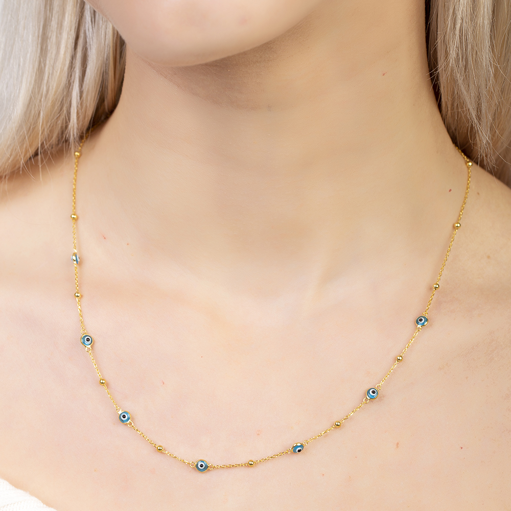 Basic Model Nazar Boncuğu Detaylı Altın Renk 925 Ayar Gümüş Kadın Şans Kolyesi - 4