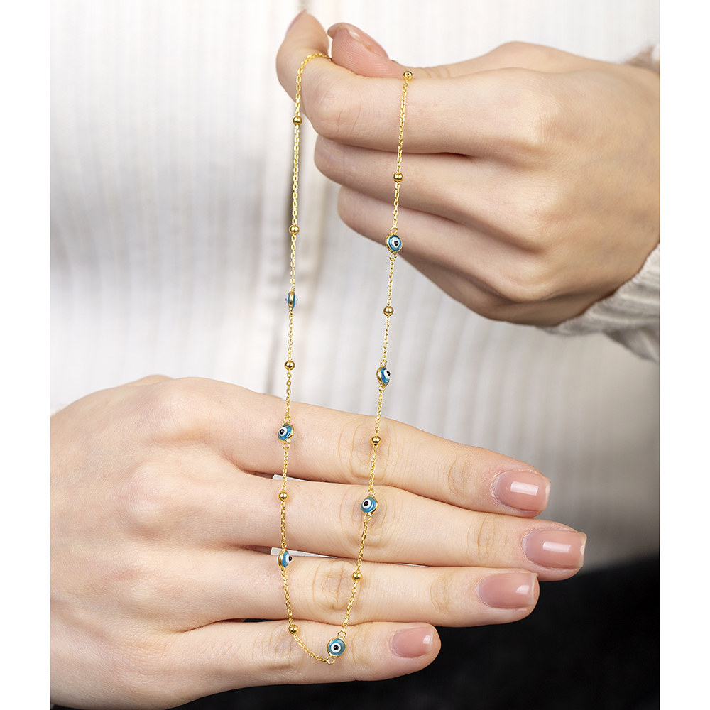 Basic Model Nazar Boncuğu Detaylı Altın Renk 925 Ayar Gümüş Kadın Şans Kolyesi - 5