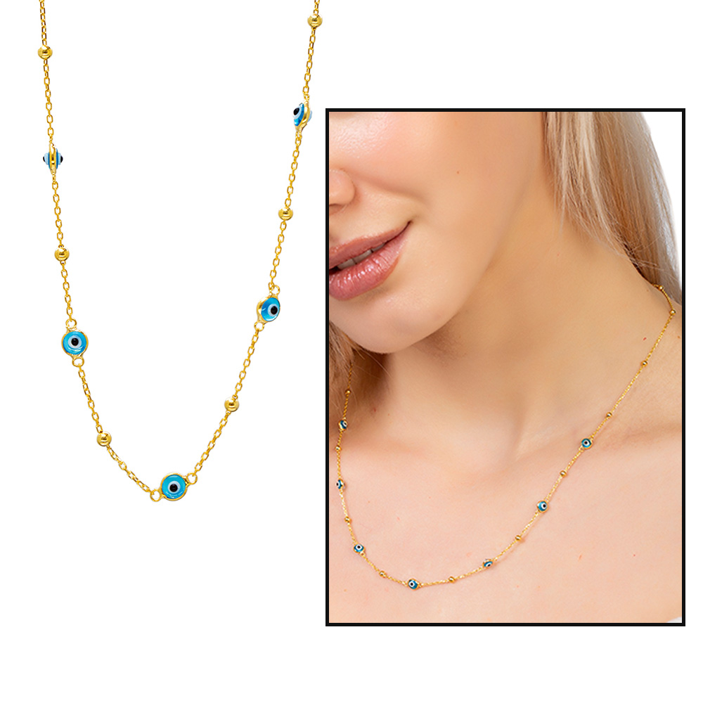 Basic Model Nazar Boncuğu Detaylı Altın Renk 925 Ayar Gümüş Kadın Şans Kolyesi - 1